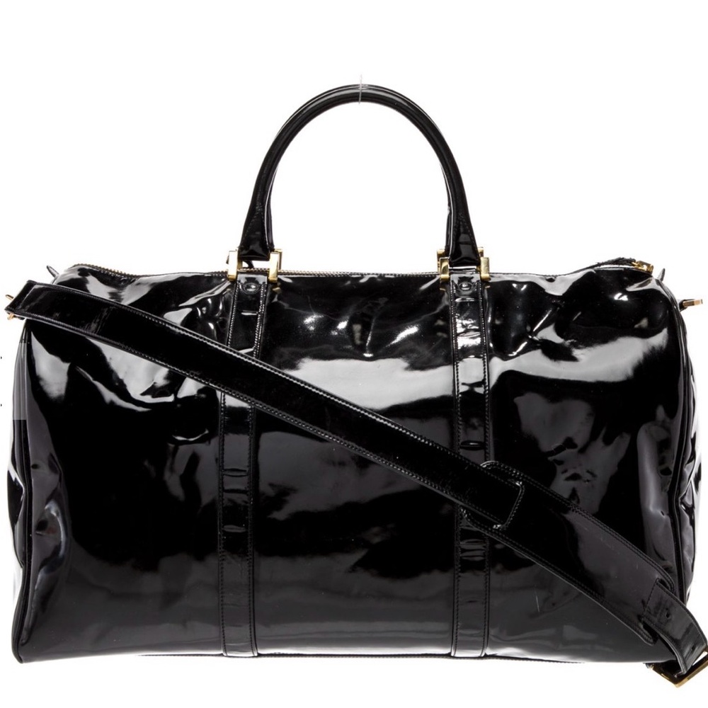 Vintage CHANEL CC Logo Patent Leather Duffel Travel Bag Black